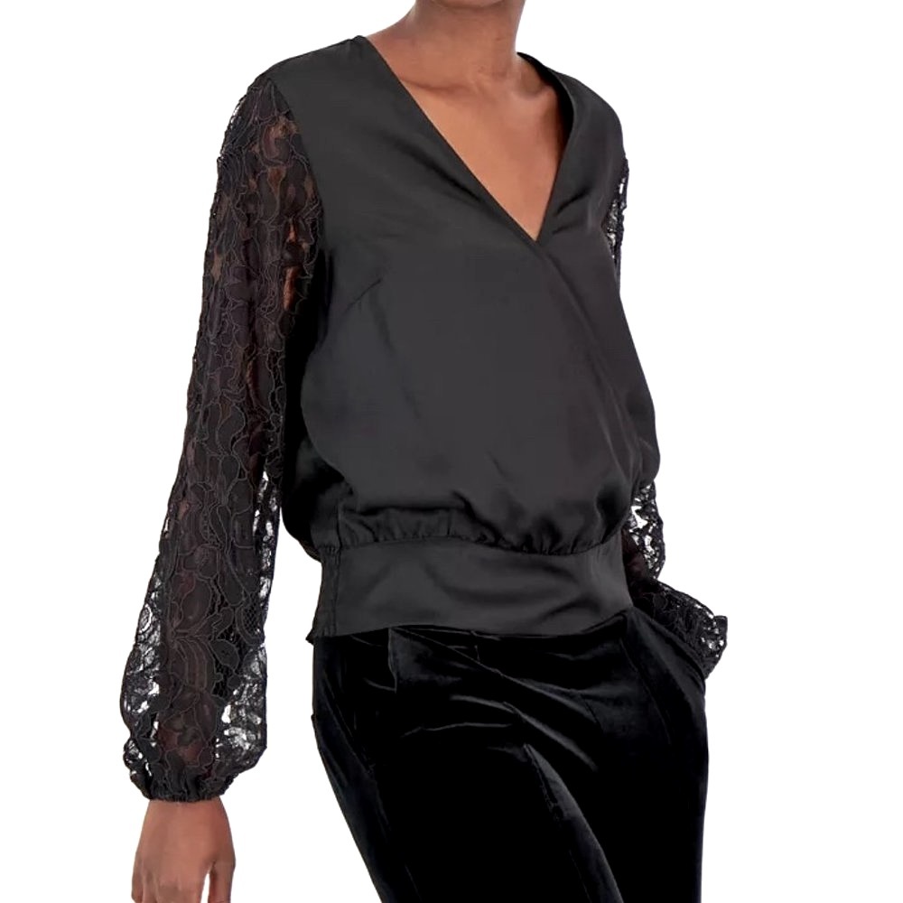NWT SMALL I.N.C. International Concepts Satin Blouse, Long Lace Sleeve